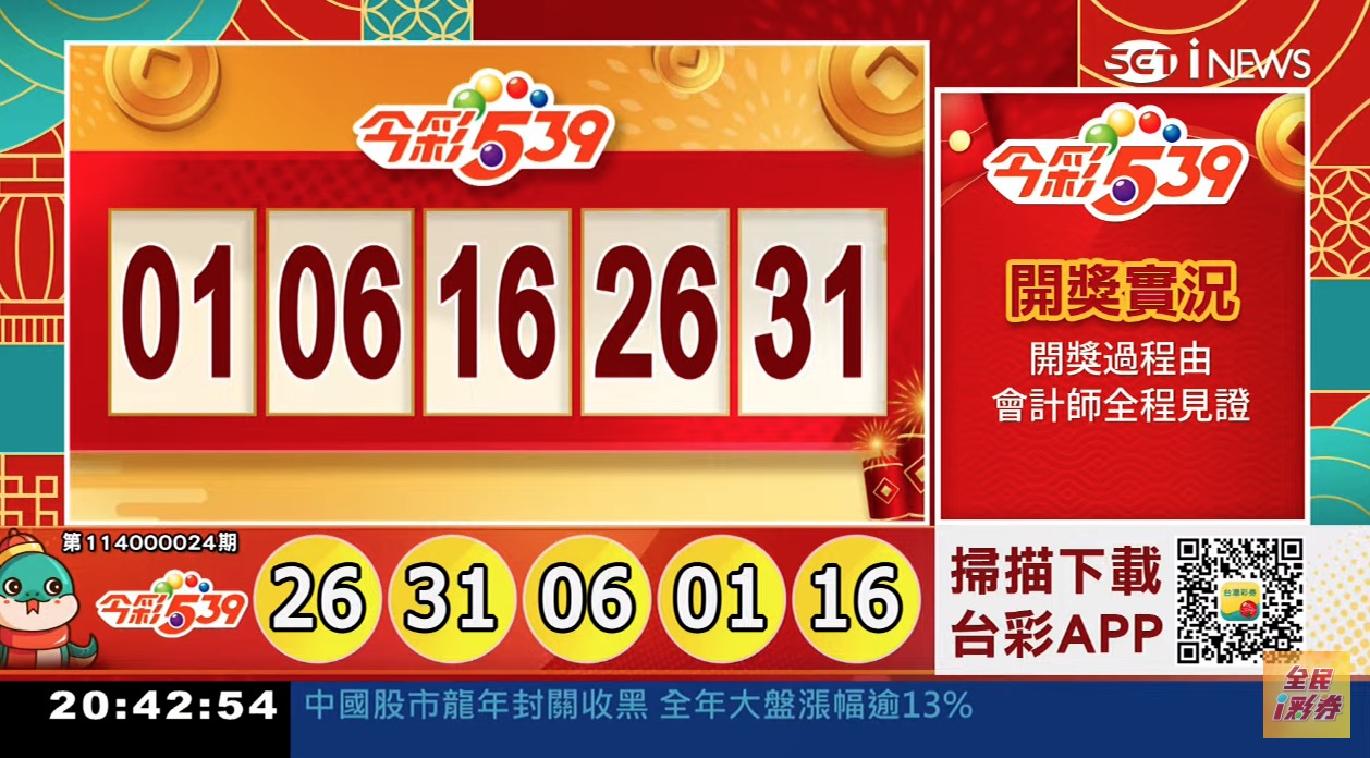 💰114年1月27日 今彩５３９開獎號碼💰第114000024期《今彩539中獎號碼》