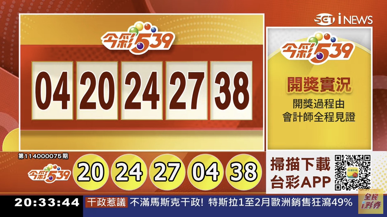💰114年3月25日 今彩５３９開獎號碼💰第114000075期《今彩539中獎號碼》