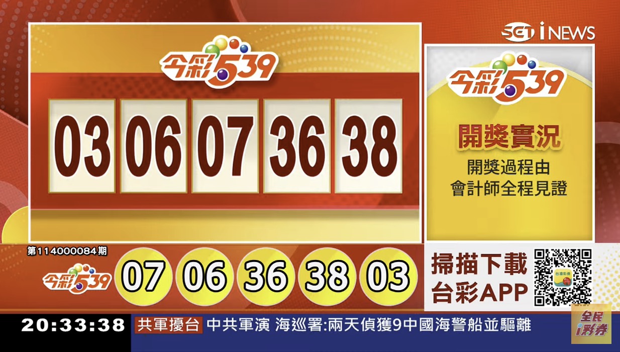 💰114年4月4日 今彩５３９開獎號碼💰第114000084期《今彩539中獎號碼》